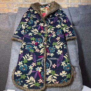 Vintage y2k Women's Floral Bohemian Faux Fur Thicken Hooded Coat XL